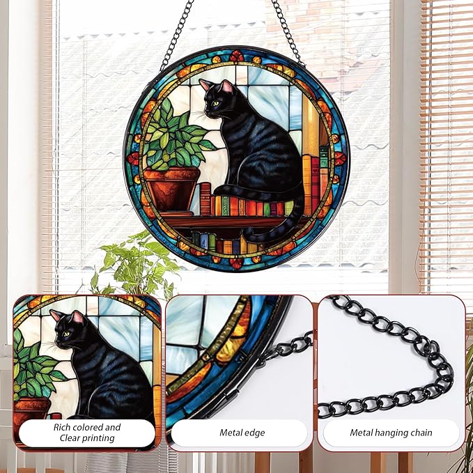 Rngmsi Black Cat Stained Glass Window Hanging Gifts for Women, 7.8″ Book Suncatchers for Indoor Window Decor, Decorative Sun Catchers Home Wall Art Gift for Thanksgiving Christmas Housewarming