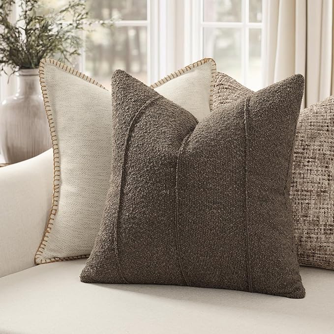 YCOLL Textured Boucle Throw Pillow Covers 22x22 Pack of 2 - Soft Neutral Striped Cushion Covers, Cozy Accent Decorative Pillow Covers for Couch, Sofa, Bed, Living Room (Brown)
