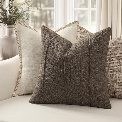 YCOLL Textured Boucle Throw Pillow Covers 22x22 Pack of 2 - Soft Neutral Striped Cushion Covers, Cozy Accent Decorative Pillow Covers for Couch, Sofa, Bed, Living Room (Brown)