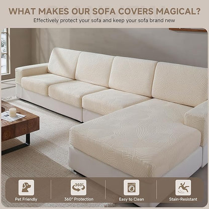 Couch Cushion Covers for Sectional and L Shaped Sofa, Stretch Soft Sofa Covers Washable Wear Resistant Slipcovers Furniture Protector Pet-Friendly (1PC Large Sofa Cover, Ivory)
