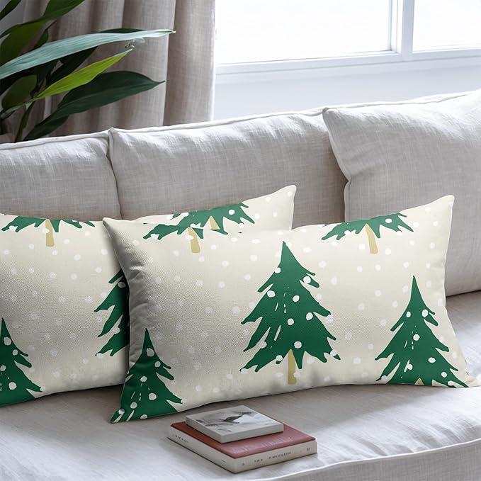Christmas Tree Lumbar Pillow Covers 12x20 Set of 2 Green Beige Xmas Snow Pattern Rustic Decorative Outdoor Farmhouse Pillowcases Decorations Winter Holiday Throw Cushion Cover Decor for Couch Sofa Bed