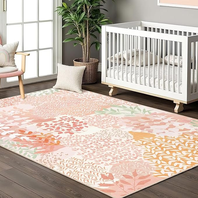 DEXDE Washable Area Rug 3x5 for Living Room, Abstract Small Boho Rugs Non Slip Soft Kids Room,Vintage Leaves Floral Carpet for Bedroom Entryway Kitchen Office Dining Room, Pink
