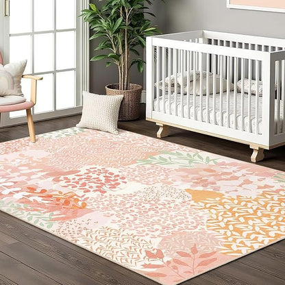 DEXDE Washable Area Rug 3x5 for Living Room, Abstract Small Boho Rugs Non Slip Soft Kids Room,Vintage Leaves Floral Carpet for Bedroom Entryway Kitchen Office Dining Room, Pink