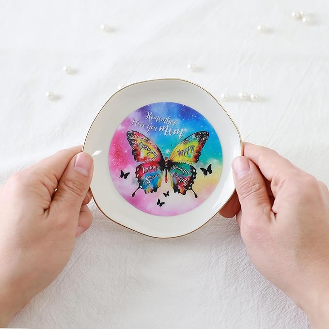 HOME SMILE Mother's Day Gifts for Mom Unique -I Love You Mom Jewelry Ring Dish Tray with Dynamic Butterfly Pattern Shifts for Mother