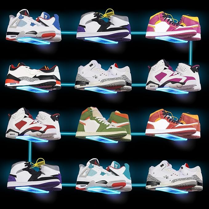 DILIBRA 12 Packs Floating Shoe Display Shelf with Lights, Glow Color Changing Sneaker Display Shelves for Wall, Levitating Shoe Rack Organizer Holder for for Showcase Sneaker Collection or Shoes Box