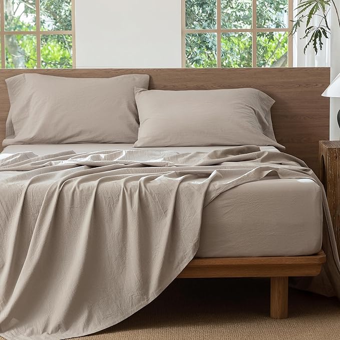 MooMee Bedding Sheet Set 100% Washed Cotton Linen Like Textured Breathable Durable Soft Comfy (Heathered Cream Grey, Split King)