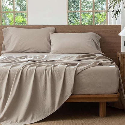 MooMee Bedding Sheet Set 100% Washed Cotton Linen Like Textured Breathable Durable Soft Comfy (Heathered Cream Grey, California King)