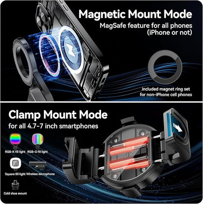 FOURPILLARS Magnetic Tripod Stand for iPhone, Mini Selfie Stick Tripod with Detachable Remote, Portable Cell Phone Tripod Stand Compatible with iPhone/Android, Live Streaming, Video Recording