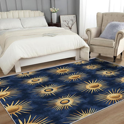 Sun Rug for Kids Room - Abstract Sun Rug, 5x7 Rug, Minimalist Boho Area Rug & Room Decor, Gold Navy Blue Carpet & Home Decor, Washable Non Slip Anti Skid Rugs