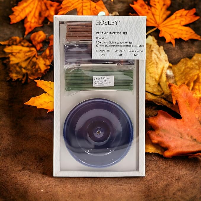 Hosley Incense Sticks Gift Set with 60 Incense Sticks and Ceramic Incense Holder - Ideal Incense Burner Holder for Home, Meditation, Spa, and Aromatherapy - Premium Incent Holder