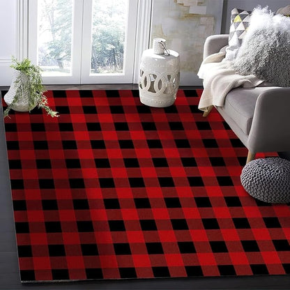 Black Red Checkered Plaid Area Rug, Buffalo Plaid Non Slip Easy Care Kids Rugs, Breathable Durable Carpet for Indoor Bedroom Living Room Office Decor Rug - 5 ft x 6 ft