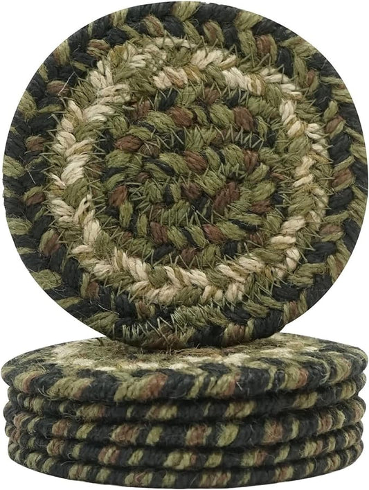 Homespice Pinecone Jute Woven Coasters 4", Warm Country Rustic Decor, Set of 6, Green - Durable, Absorbs Moisture, Easy to Clean and Protects Furniture