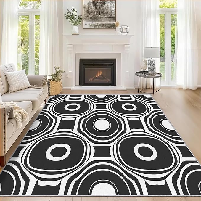 Black and White Geometric Rugs for Home Decor, 5x6 ft, Ring Circle Area Rugs for Living Room, Soft Non Slip Washable Modern Abstract Carpet Bedroom Decorations Dt-Ghf-31