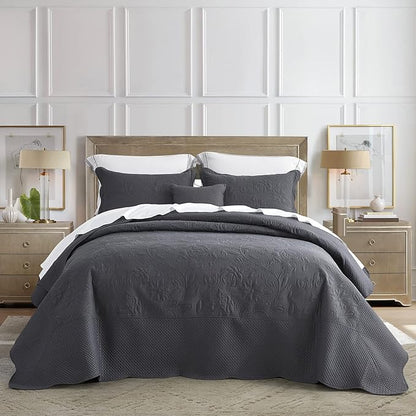 CHIXIN Bedspread Coverlet Quilt Set Full Size - Lightweight Bedding Cover - Ultrasonic Quilting - 5 Piece Reversible Bedspread - Vintage Rose Pattern (Full, Dark Grey)