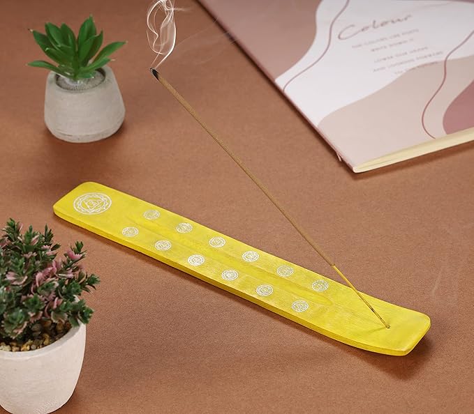 Bless-International Traditional-Handmade-Burner Wooden-Incense-Stick-Holder Ash-Catcher-Stand for-Aromatherapy-Meditation-Yoga (Positivity Yellow) 10 Inches, Pack of 1