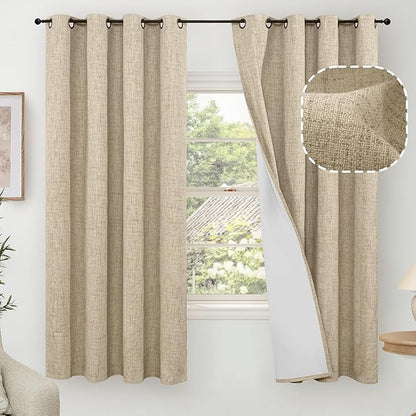 Lajode Faux 100% Blackout Curtains for Bedroom 63 Inch Length 2 Panels, Thermal Insulated Total Light Blocking Noise Reducing Linen Window Curtains for Nursery, Bronze Grommet, Each 52" Wide, Burlap