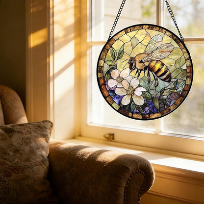 Stained Glass Window Hanging, Vintage Bee Yellow Flower Sun Catcher for Window Door Home Decor Suncatcher Christmas Mother's Day Birthday Gifts for Women Men Mom and Nana 7.8 in