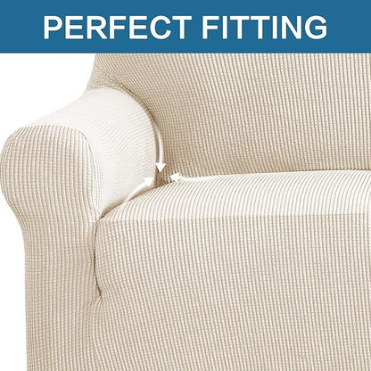 H.VERSAILTEX Stretch Sofa Covers for 3 Cushion Couch Covers Sofa Slipcovers for Living Room Feature Thick Checked Jacquard Fabric with Elastic Bottom, Sofa Large - Natural