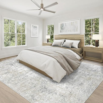 9x12 Area Rugs for Living Room, Washable Modern Abstract Large Area Rug Neutral Soft Non Slip Kids Rug Stain Resistant Indoor Carpet for Bedroom Dining Room Playroom Home Office(Beige Grey, 9'x12')