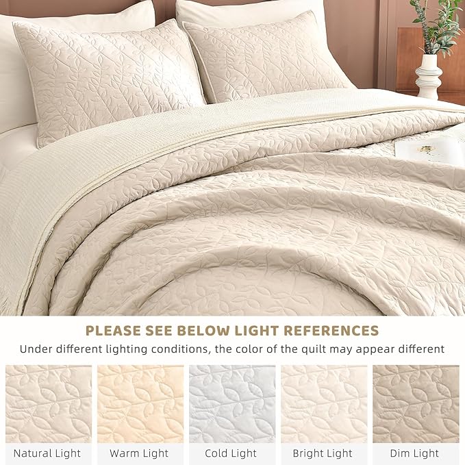 Sanracie Oversized Queen Quilt Bedspread Set 102"*118", 100% Cotton Coverlet Queen Size Wheat Colored Super Soft and Cozy Extra Large Cloud Leaves Quilting Bed Quilts for All Season