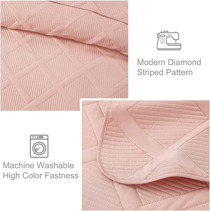 Exclusivo Mezcla Quilts Queen Size - Blush Pink Quilt Set Bedspread with 2 Pillow Shams, Modern Bedding Set with Striped Pattern, Soft Lightweight Bedspreads Queen Size for All Seasons