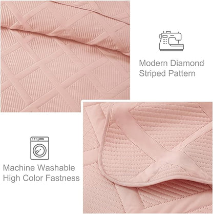Exclusivo Mezcla Quilts Queen Size - Blush Pink Quilt Set Bedspread with 2 Pillow Shams, Modern Bedding Set with Striped Pattern, Soft Lightweight Bedspreads Queen Size for All Seasons