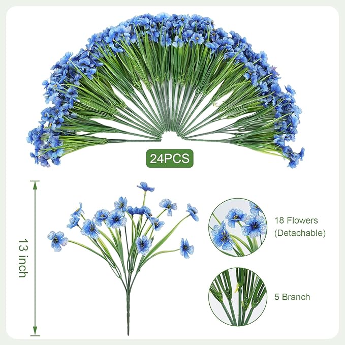 Artificial Flowers for Outdoor Faux Plants for Spring Summer Decoration, UV Resistant Realistic Silk Plastic Fake Flowers Garden Porch Patio Balcony Yard Front Home Decor, 24 Bundles