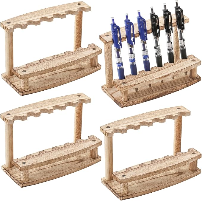 SOUJOY 4 Pack Wood Pen Display Stand, 6-Slot Pen Holder Rack, Eyebrow Pen Stand, Makeup Brush Rack Organizer for School Office Home Store