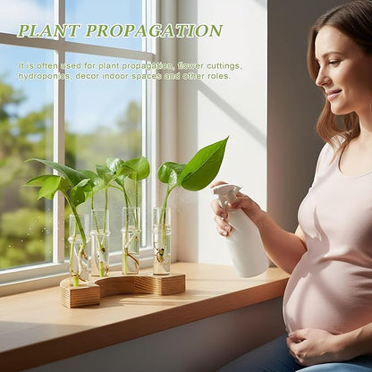 Plant Propagation Station with Wooden Stand, Valentines Day Gift, Glass Propagation Vase for Plants, Plant Terrarium Birthday Gifts for Women Mom Plants Lovers, Home Office Garden Decor, 5 Glass Tubes