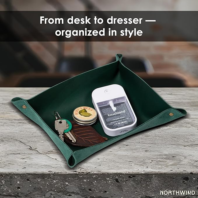 Northwind Personalized Leather Valet Tray – Custom Engraved Full Grain Leather Catchall Tray for Men, Handmade in USA Desk Organizer & Groomsmen Gift, Perfect Storage for Nightstand, Dresser