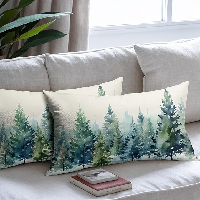 Watercolor Christmas Tree Lumbar Pillow Covers 12x20 Set of 2 Blue Green Xmas Print Vintage Decorative Outdoor Throw Pillow Cases Winter Holiday Decoration Farmhouse Sofa Couch Cushion Cover Bed Decor