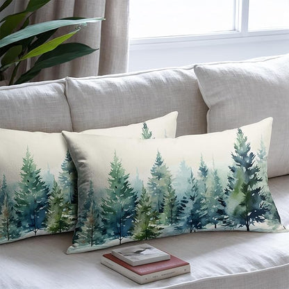 Watercolor Christmas Tree Lumbar Pillow Covers 12x20 Set of 2 Blue Green Xmas Print Vintage Decorative Outdoor Throw Pillow Cases Winter Holiday Decoration Farmhouse Sofa Couch Cushion Cover Bed Decor