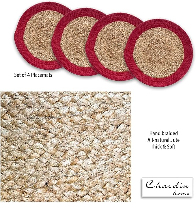 CHARDIN HOME Round Verona Woven Jute & Cotton Braided PLACEMAT (Set of 4), Size -15 inch, Round, Color - Natural Jute with Red Border