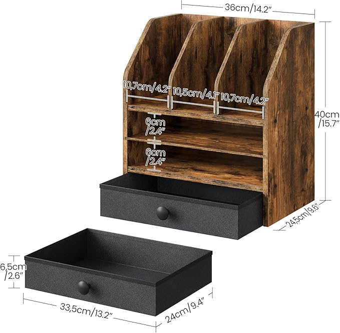 Wooden Desk Organizer with Removable Shelf and Fabric Drawer, Multi-Compartment Desktop File Holder for Home Office Storage, Desktop Mail Organizer, Rustic Brown MWJ05FG