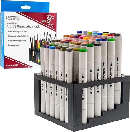 U.S. Art Supply 60 Slot Marker Organizer & Paint Brush Holder – Multi-Level Marker Storage, Pens, Brushes, Colored Pencils