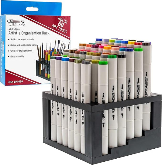 U.S. Art Supply 60 Slot Marker Organizer & Paint Brush Holder – Multi-Level Marker Storage, Pens, Brushes, Colored Pencils