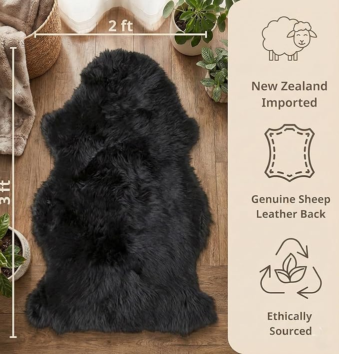 Woolous Black Sheepskin Rug, Genuine New Zealand Lambskin Wool, Real Sheep Skin Throw for Bedroom, Living Room, Sofa, or Chair (Single Pelt, 2x3 ft)