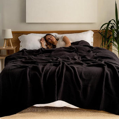Muslin Blanket - Pure 100% Turkish Cotton Airy Soft Light Versatile Gauze Throw Blanket for Bed, Couch, Sofa (Black, Twin XL Size (71" x 95" inch))