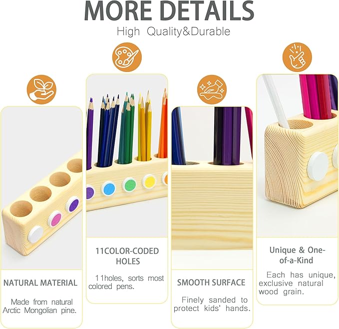 11-Hole Wooden Colored Pencil Organizer - Solid Montessori Storage Holder for Kids, Students, Artists & Teachers