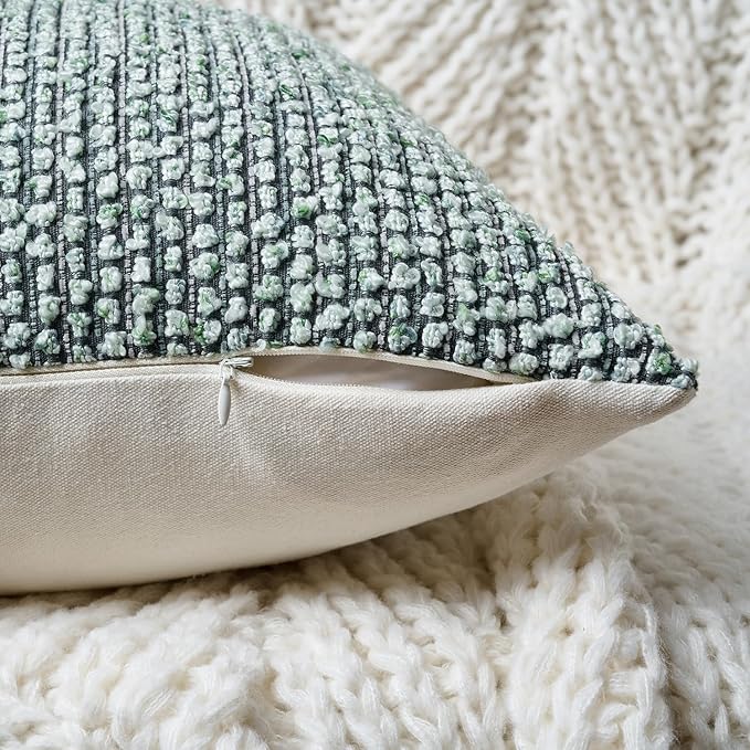 Striped Throw Pillow Covers 20x20 Set of 2 Green Textured Boucle Chic Morden Boho Accent Farmhouse Square Decorative Couch Pillow Covers for Home Decor Bed Sofa Living Room