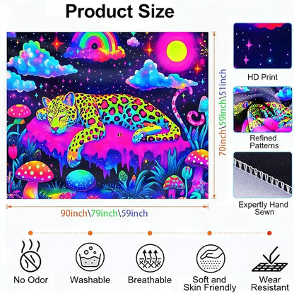 seewan Black Light Sleeping Leopard Tapestry, Glow-in-the-Dark UV Neon Rainbow Clouds and Stars Wall Hanging, Psychedelic Animal Art Tapestry, Bedroom Dorm Living Room Background Decor