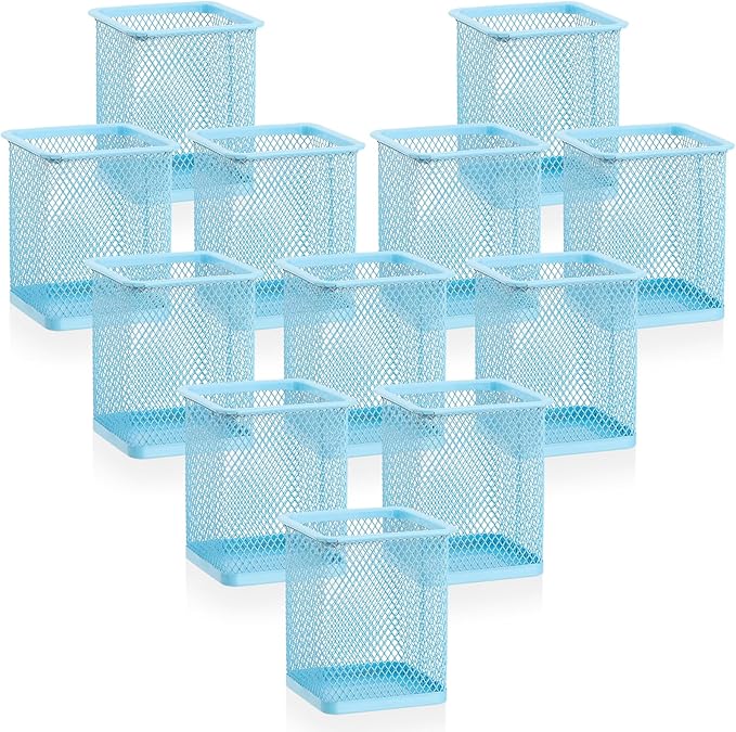 Segarty Pencil Holder, 12 Pack Square Light Blue Pen Holder for Desk, Mesh Pencils Cup Container Marker Organizer Set for Office Supply, School Classroom, Home Desktop Storage and Organization