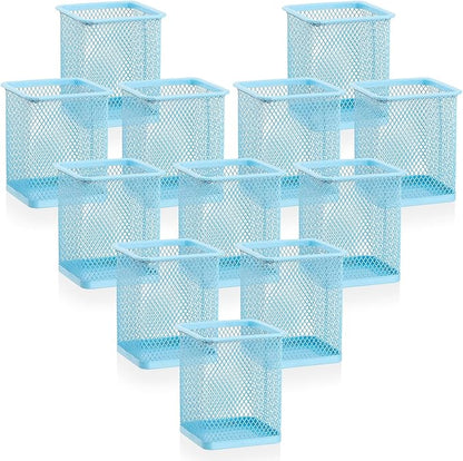 Segarty Pencil Holder, 12 Pack Square Light Blue Pen Holder for Desk, Mesh Pencils Cup Container Marker Organizer Set for Office Supply, School Classroom, Home Desktop Storage and Organization