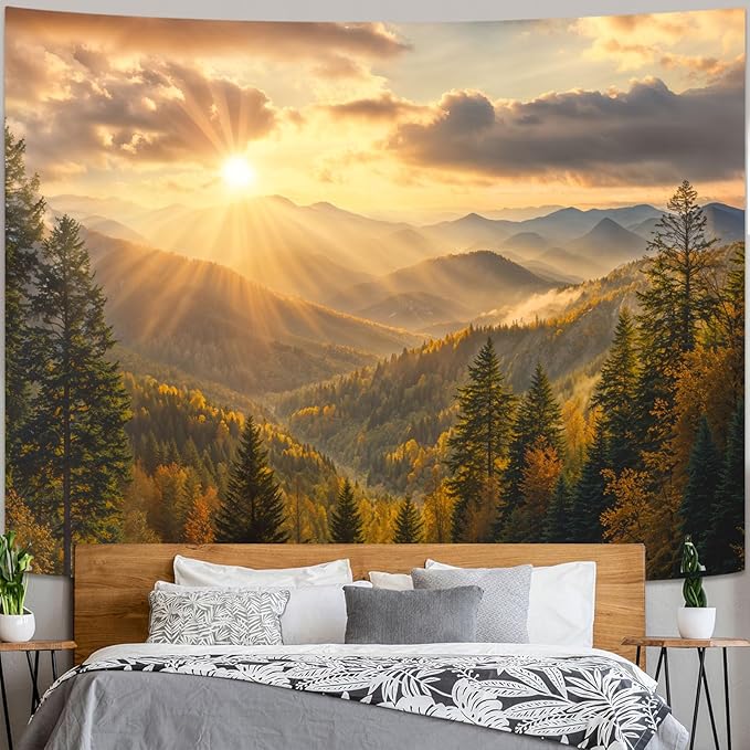 kampdream Landscape Tapestry, Scenery Art Wall Tapestries, Nature Wall Decor for Bedroom Living Room Backdrop Warm Sunset Mountain 60×80 inches