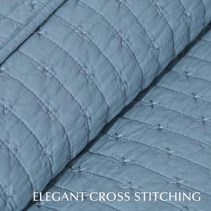 EVERGRACE x Kinsey Walsh Cross Stitch Pre-Washed Cotton Quilt Bedding Set Queen Size, Oversized 3 Pieces Lightweight Bedspread Coverlet for All Season, with 2 Matching Shams, Dusty Blue, 92"x96"
