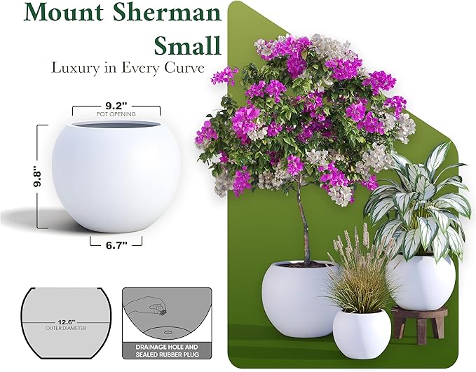 DTY Signature Mount Sherman Modern Indoor Outdoor Fiberstone Sphere Planter, Durable Round Garden Pot, Weather Resistant, Drainage Hole & Rubber Plug - Small, White