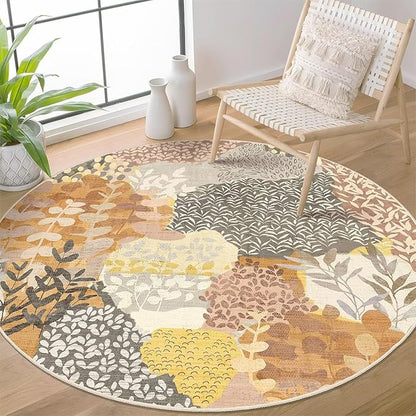 DEXDE Round Rug 6ft Washable Circle Area Rugs Non Slip Low Pile Boho Floral Large Circular Carpet for Bedroom Bathroom Entryway Kids Room Office Dining Room,Camel