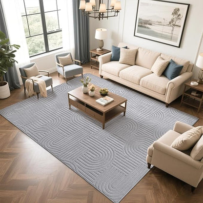 SHACOS Soft Cozy Fluffy Arch Pattern High Low Pile Rugs 4'x6' Non Slip Washable Scandinavian Minimalist Rug Modern Geometric Arc Carpet for Living Room Bedroom Dining Room, Light Grey