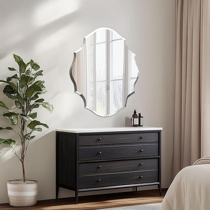 Frameless Scalloped Wall Mirror: Decorative Scallop Oval Mirrored Glass Vanity with Beveled Silver Edge for Bathroom Bedroom Livingroom Dining Room Entryway Hallway, 28 x 22 inch