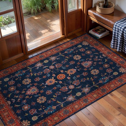 Tangsoo 2x4 Washable Rug for Entryway,Vintage Floral Entry Rug Non Slip,Indoor Front Door Small Rugs,Distressed Red Blue Print Door Mat Carpet,Soft Low Pile for Entrance Kitchen Bedroom Bathroom